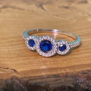 925 Sterling Silver Sapphire Halo Ring Size 9.75